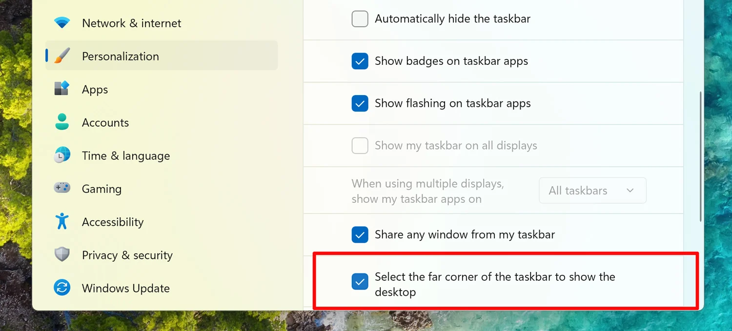 Windows 11 Moment 5: Cách bật lại nút Show desktop trên Taskbar